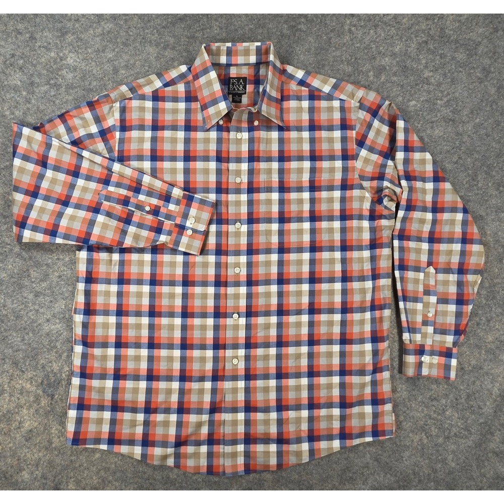 Jos A Bank Travelers Collection Mens Large Plaid Button Down Shirt Orange Blue